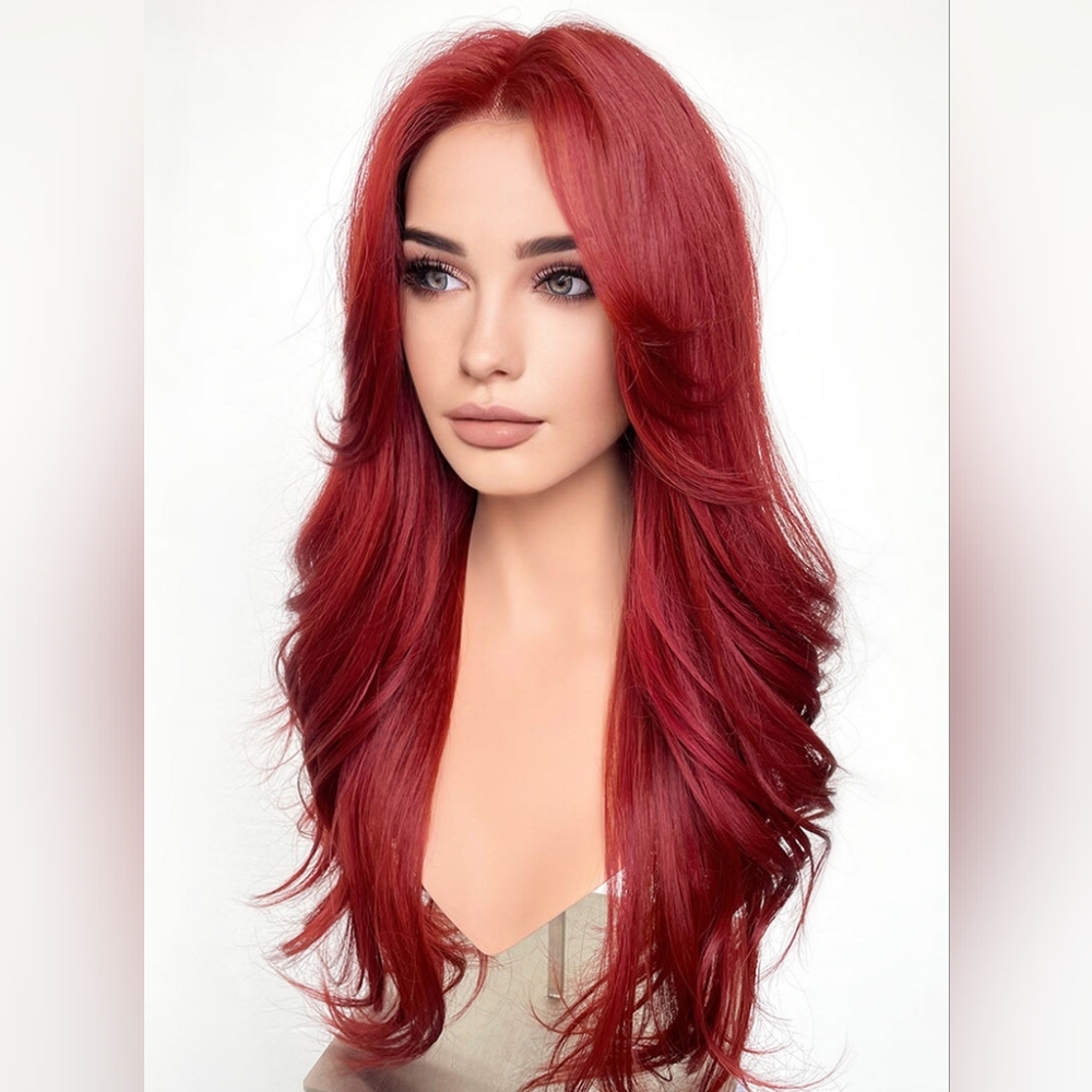 NEW Dark red lace front wig with curtain bangs wig is fashion